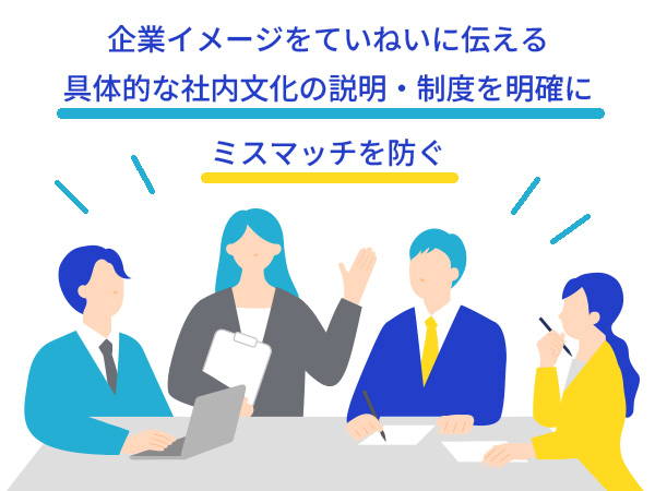 企業イメージをていねいに伝えて具体的な社内文化の説明・制度を明確にしミスマッチを防ぎ改善